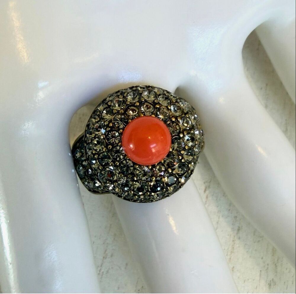 Heidi Daus "Posh & Proper" Statement Ring Coral Cabochon Smoky Swarovski Crystal